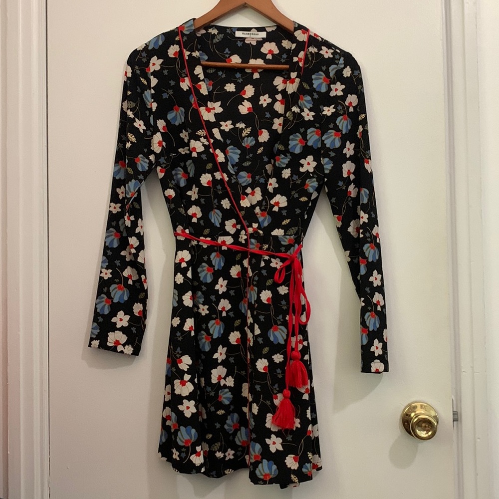 Navy Floral Wrap Dress Red White and Blue Long Sleeve Mini